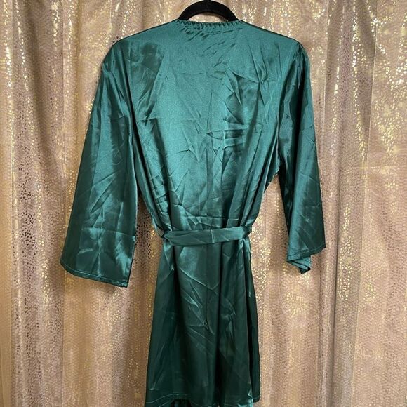 Adome Dark Emerald Green Short Satin Silky Kimono Robe, Large - Picture 2 of 9